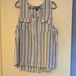 3 for $25! Ellen Tracy Blue and White Striped‎ Sleevless Linen Blend Blouse, L